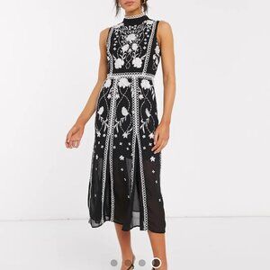 ASOS  embroidered midi dress with godets and circle trim